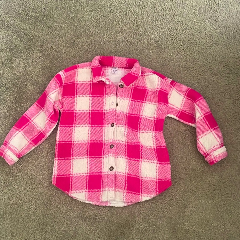 Size 10 girls fleece button up. Pink and white. Worn once.